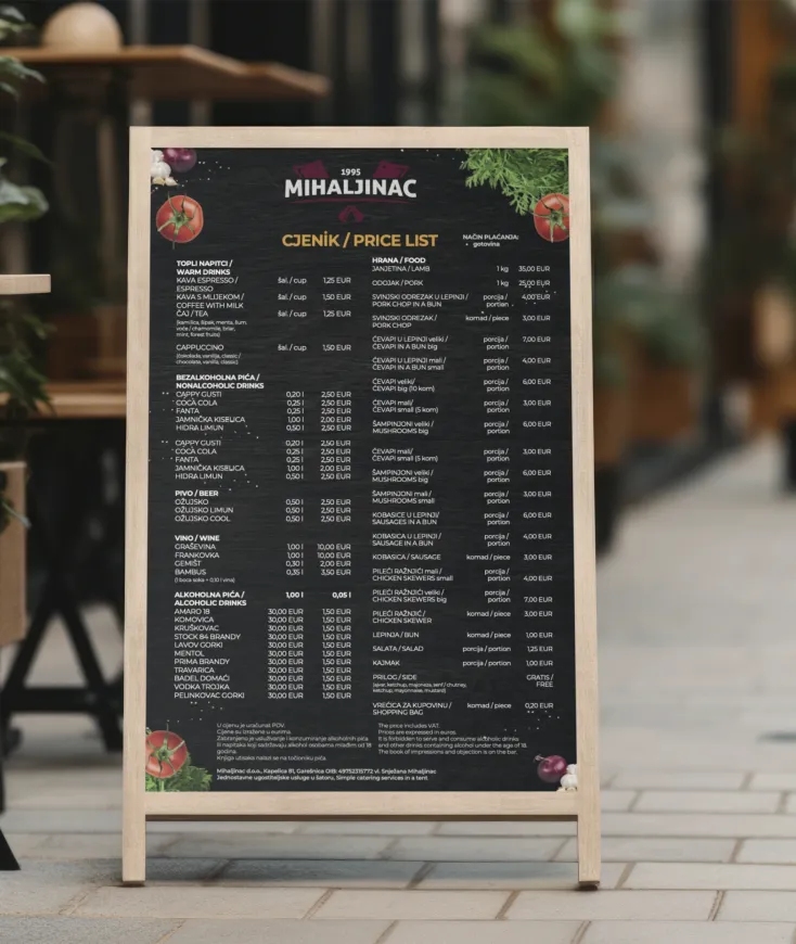 Dizajn cjenika za Pečenjaru Mihaljinac - priprema za tisak